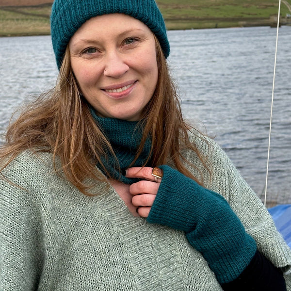 hand knitted teal merino wrist warmers