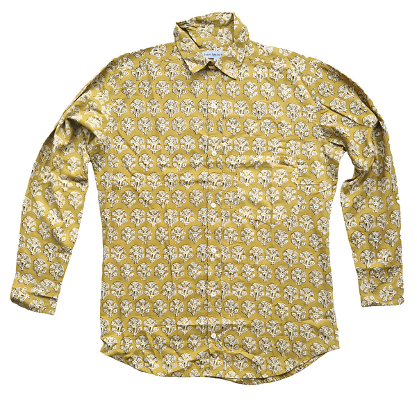 mustard floral print block print men's shirt