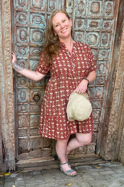 red block print cotton summer dress