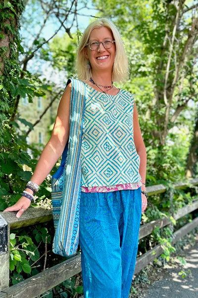 blue block print cotton vest top