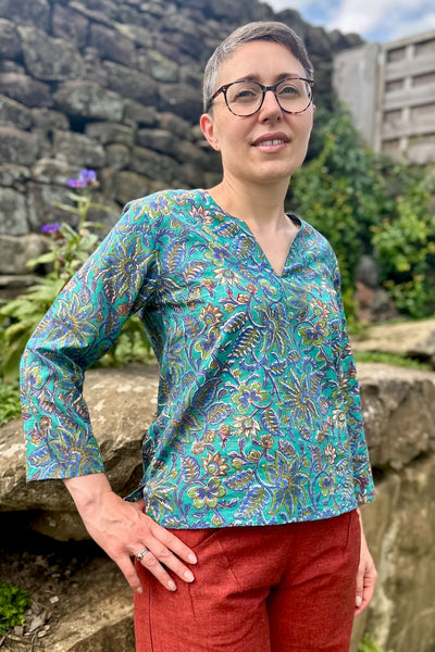 turquoise floral hand printed top