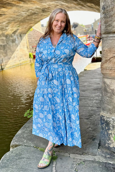 blue floral block print summer dress with sleeves