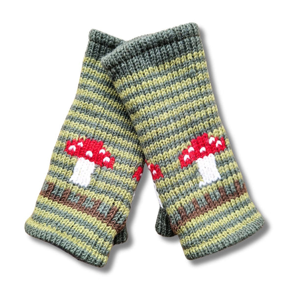 green mushroom fingerless gloves