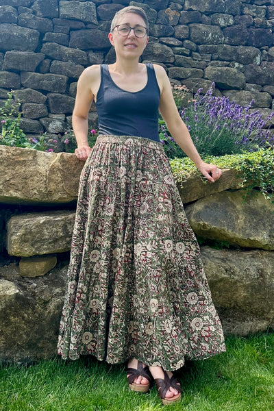 green floral hand printed long skirt