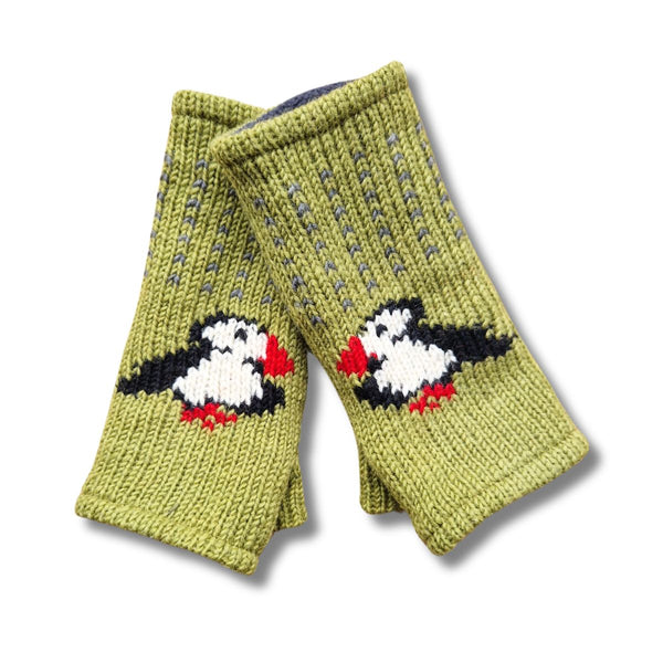 light green wool fingerless gloves with puffin design