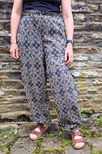 navy block print peg cotton trousers