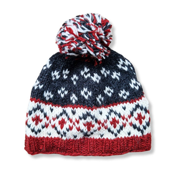 red and black wool bobble hat