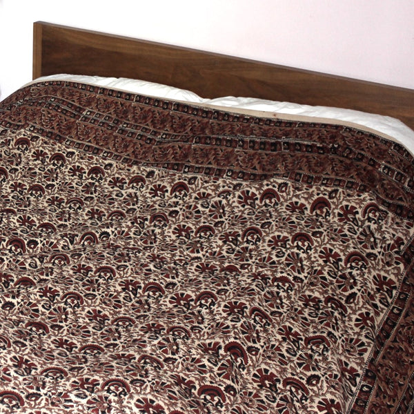 brown floral vine block print throw made in india