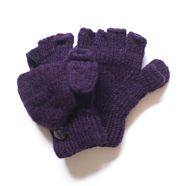 fingerless gloves with mitten flap in plain plum colour 