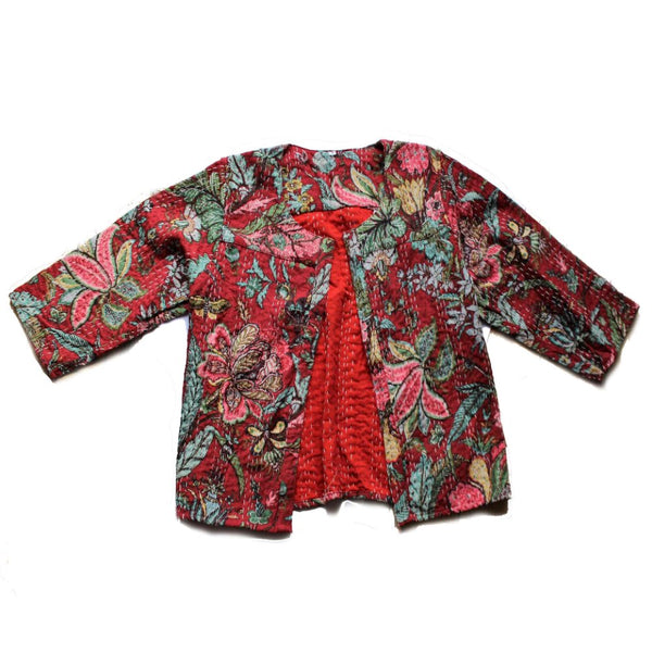 red floral india jacket fair trade bolero kantha 