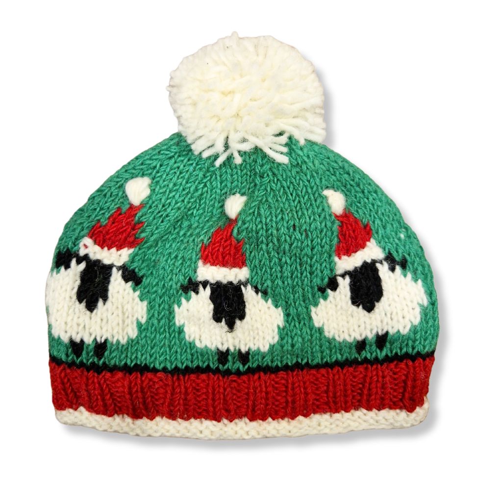 Christmas sheep design hand knitted wool bobble hat
