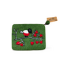 Green pouch with a bird and red berries design on a white background