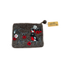 Small pouch with embroidered design of a bird and flowers on a white background