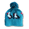 aqua green hand knitted puffin bobble hat
