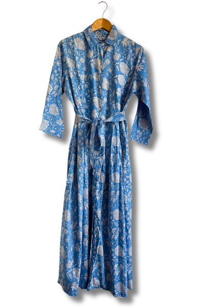 blue long block print cotton dress