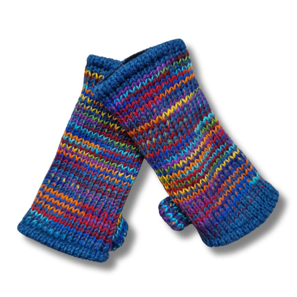 blue rainbow wool wrist warmers