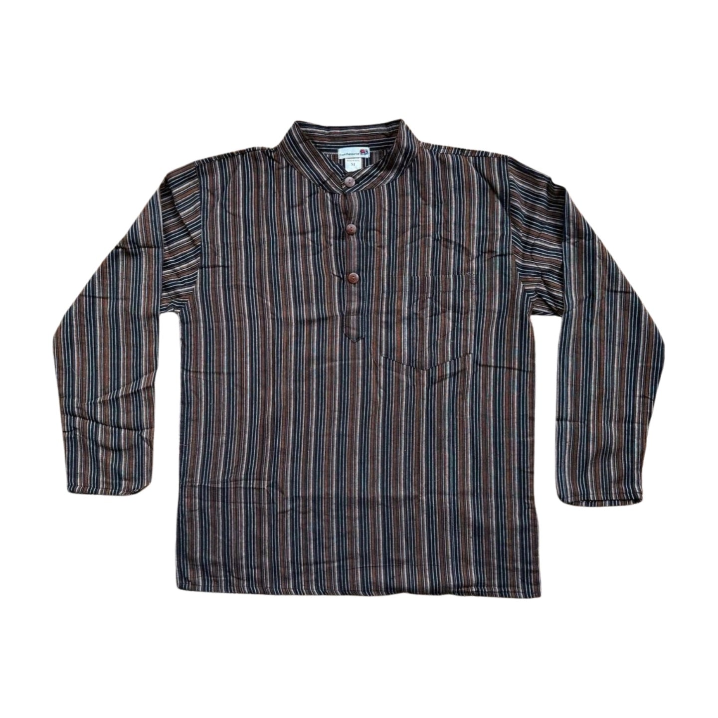 Camicia Grandad Unisex Tiger Mountain Turchese A Righe – Boho Hippy Senza Collo - Foto 1