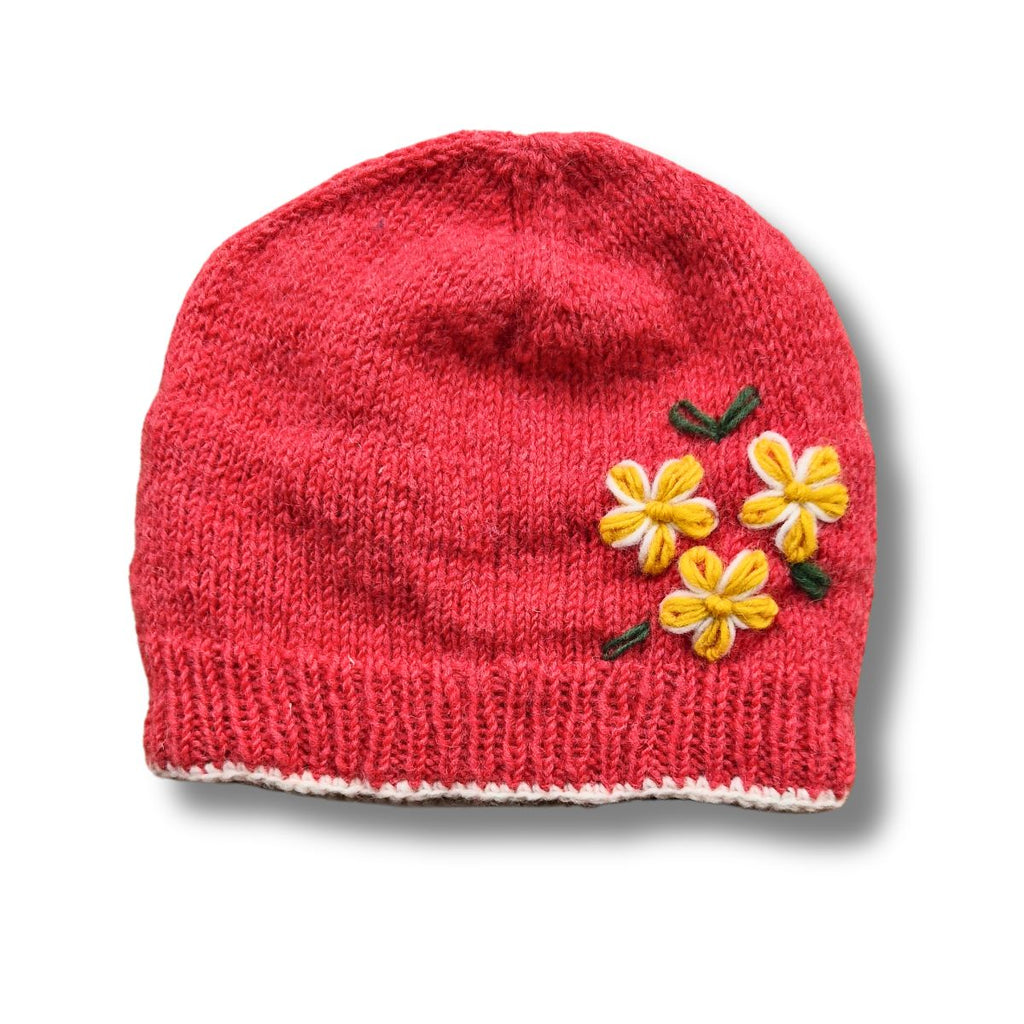 coral pink wool beanie hat with flower embroidery