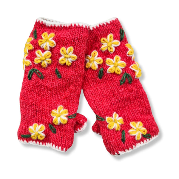 coral pink flower embroidered wool wrist warmers