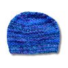 dark blue and pink hand knitted wool beanie hat