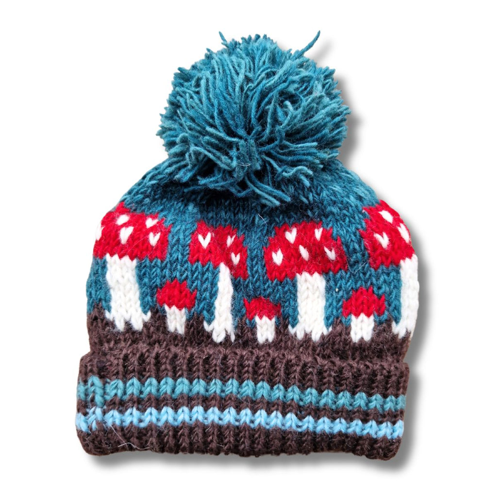 blue knitted wool hat with mushrooms