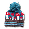 blue knitted wool hat with mushrooms