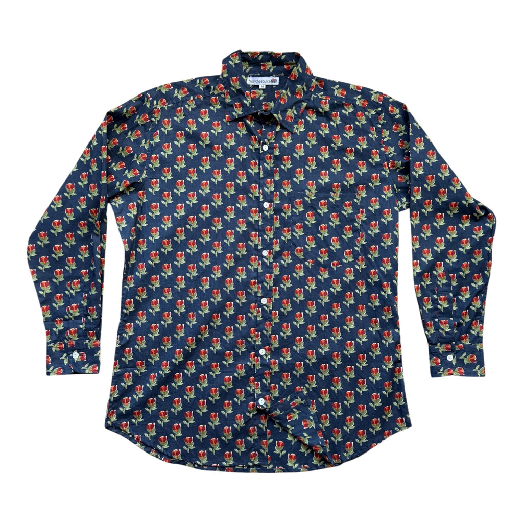 navy blue floral print men's cotton shirt