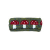 green knitted wool headband with red mushroom design