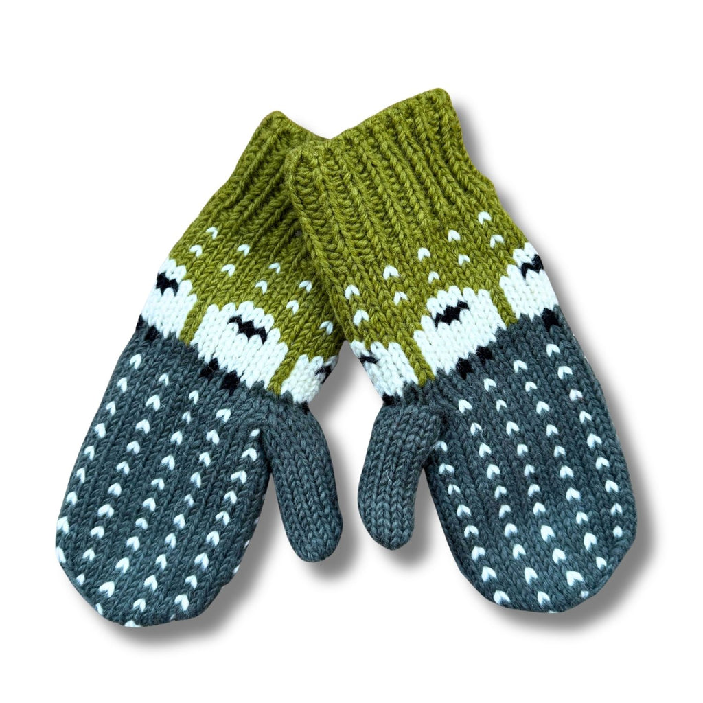 green knitted sheep wool mittens