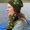 flower embroidered green wool wrist warmers