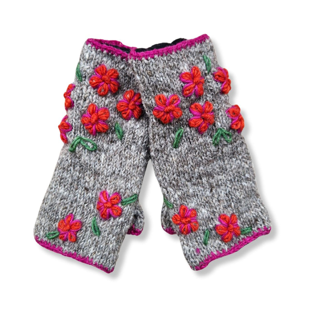 Hand Knitted Wool Wrist Warmers With Flower Embroidedered Design From