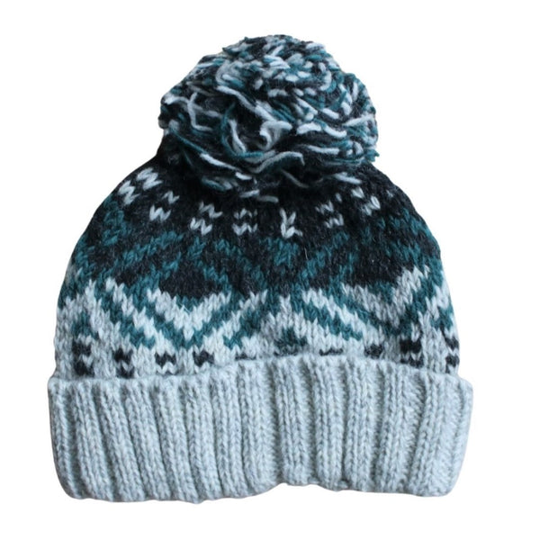 geometric design grey and teal bobble hat