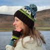 hand knitted blue and green sheep bobble hat