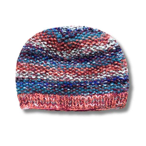 red and pink mix hand knitted wool beanie