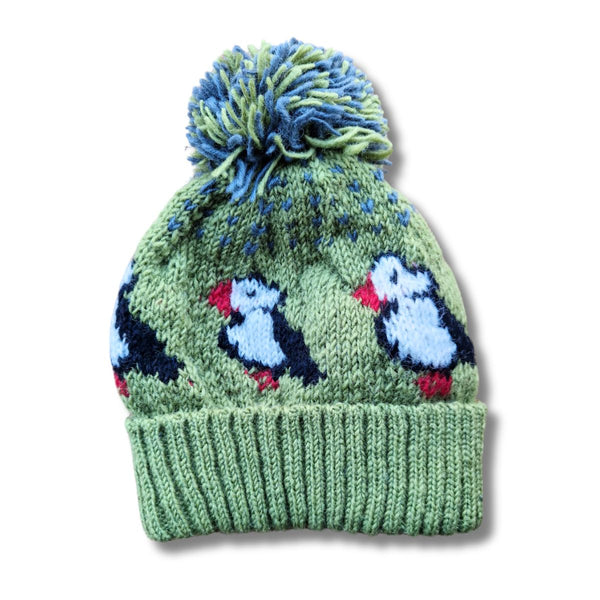 hand knitted green puffin wool hat