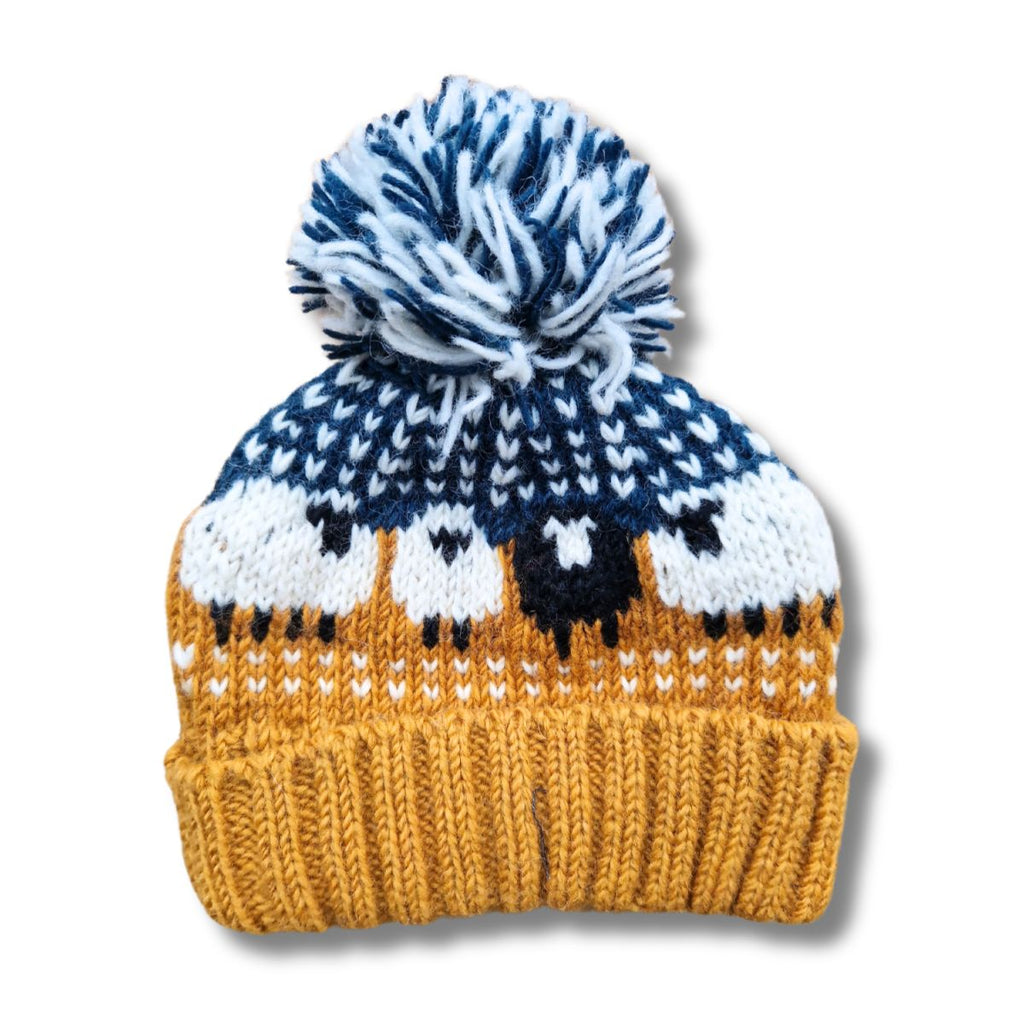 mustard yellow sheep design bobble hat