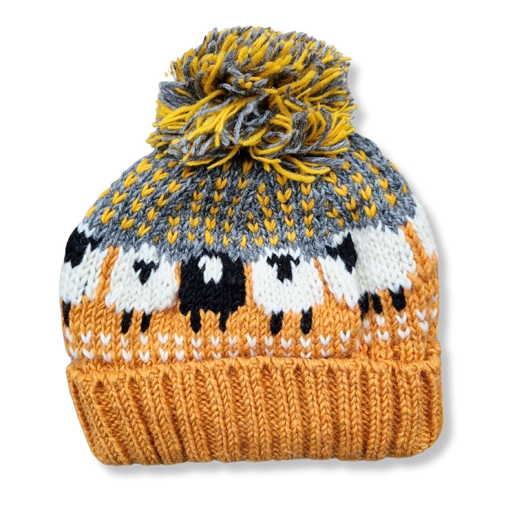 ochre yellow wool sheep bobble hat