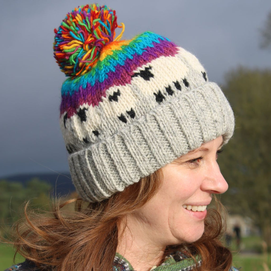 Hand Knitted Wool Beanie Bobble Hat - Sheep - Red Blue
