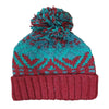 red and teal hand knitted bobble hat