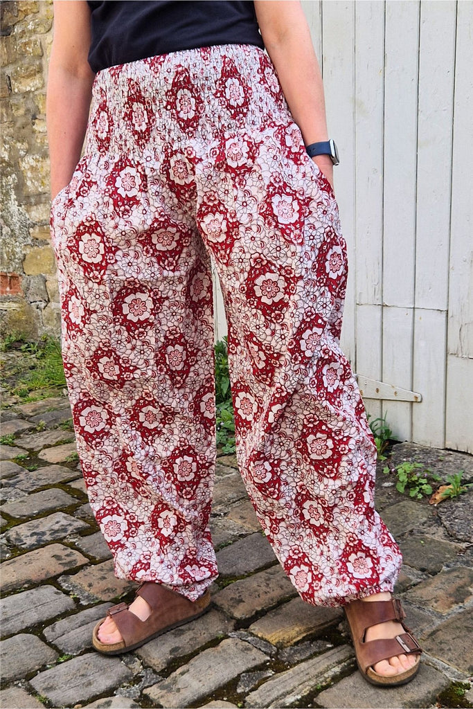 red & white floral block print trousers