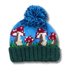 blue and green wool knitted hat with big red mushrooms