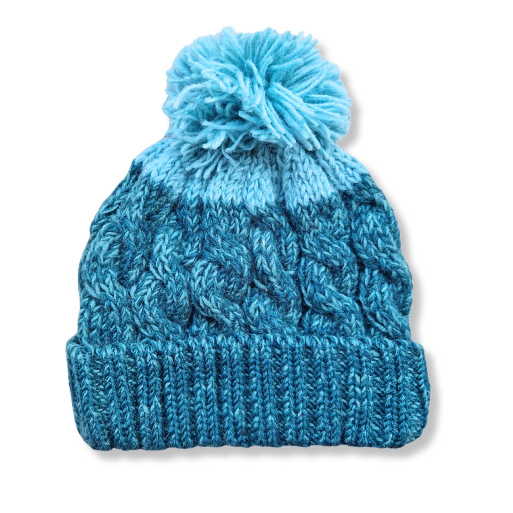 cyan blue cable knite wool bobble hat