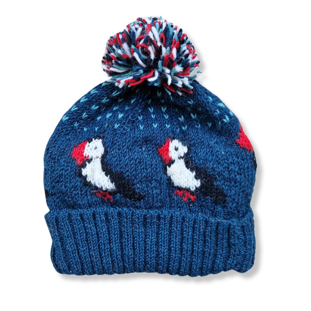 hand knitted teal puffin bobble hat