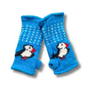 hand knitted turquoise puffin fingerless gloves