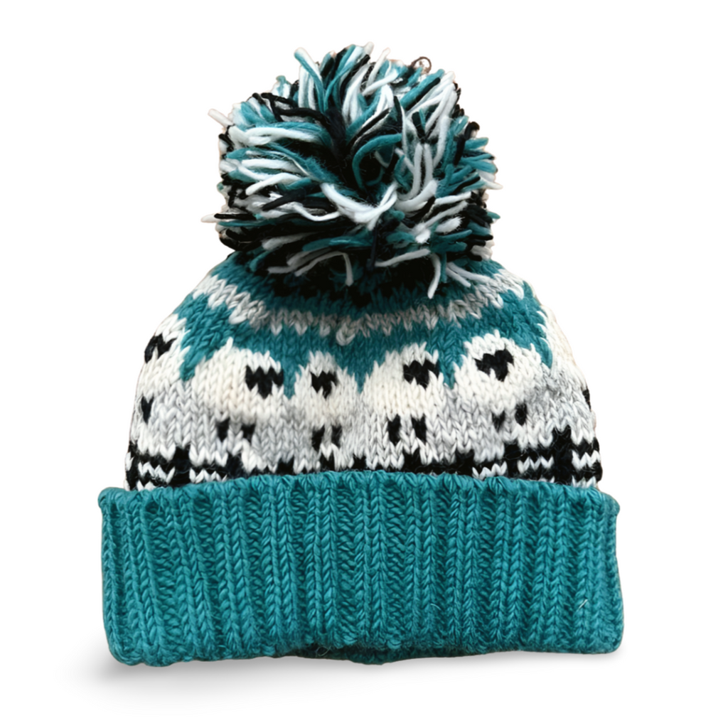Aqua blue sheep design wool bobble hat