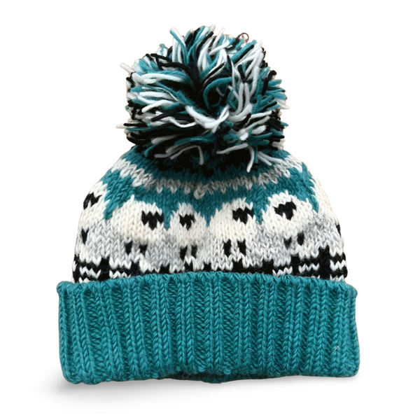 Aqua blue sheep design wool bobble hat