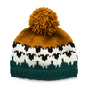 mustard wool bobble hat knitted flock of sheep design
