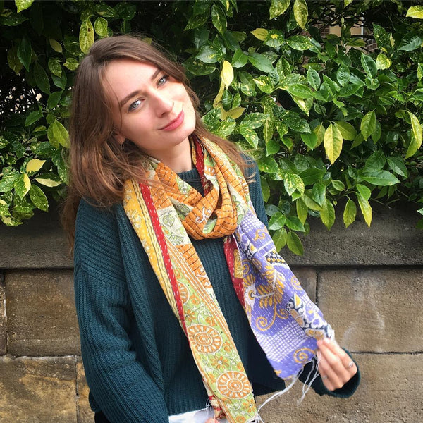 model wears vintage kantha stitch scarf