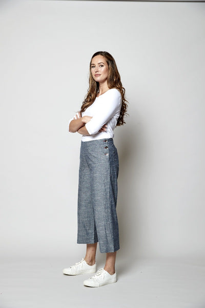 Cropped Wide Leg Chambray Trousers
