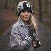 black grey monochrome wool beanie hat with felt flowers